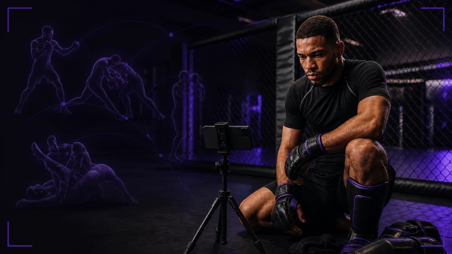 Two adult MMA athletes drill a controlled striking-to-takedown transition beside a phone on a tripod in a charcoal gym with violet accents