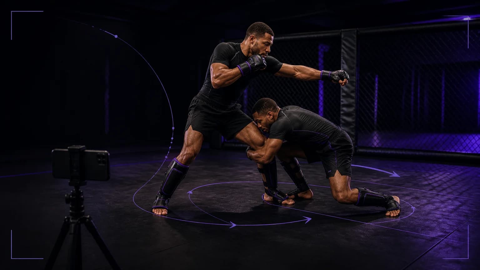 Two adult MMA athletes perform a controlled training phase on a mat while a tripod phone records a wide view with violet analysis traces
