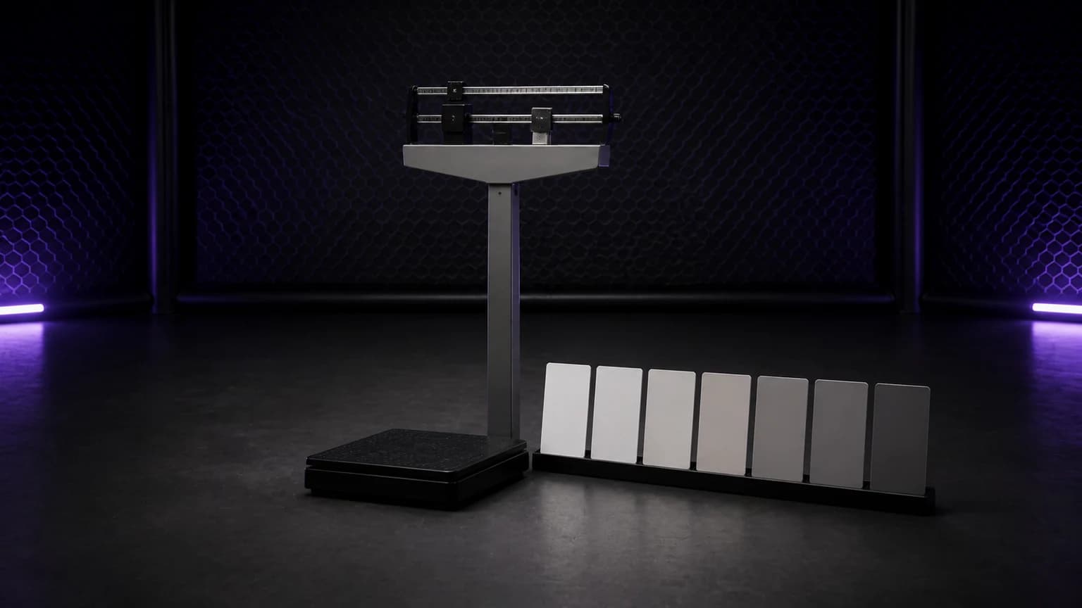 A clean violet and charcoal MMA weigh-in board organizes divisions in pounds and kilograms without a weight-cut scene
